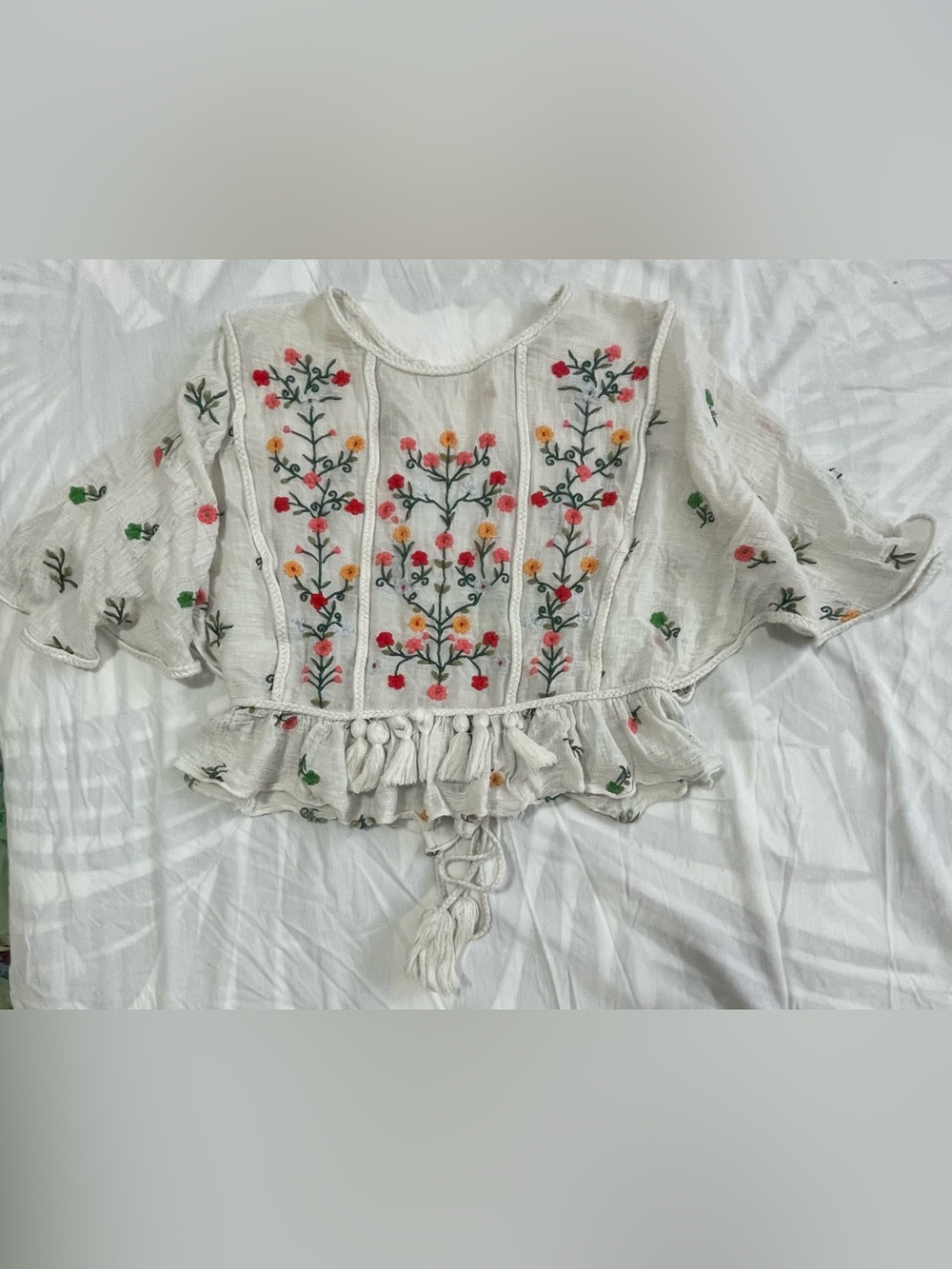 Zara Cream Embroidered Floral Tie-Front Blouse
